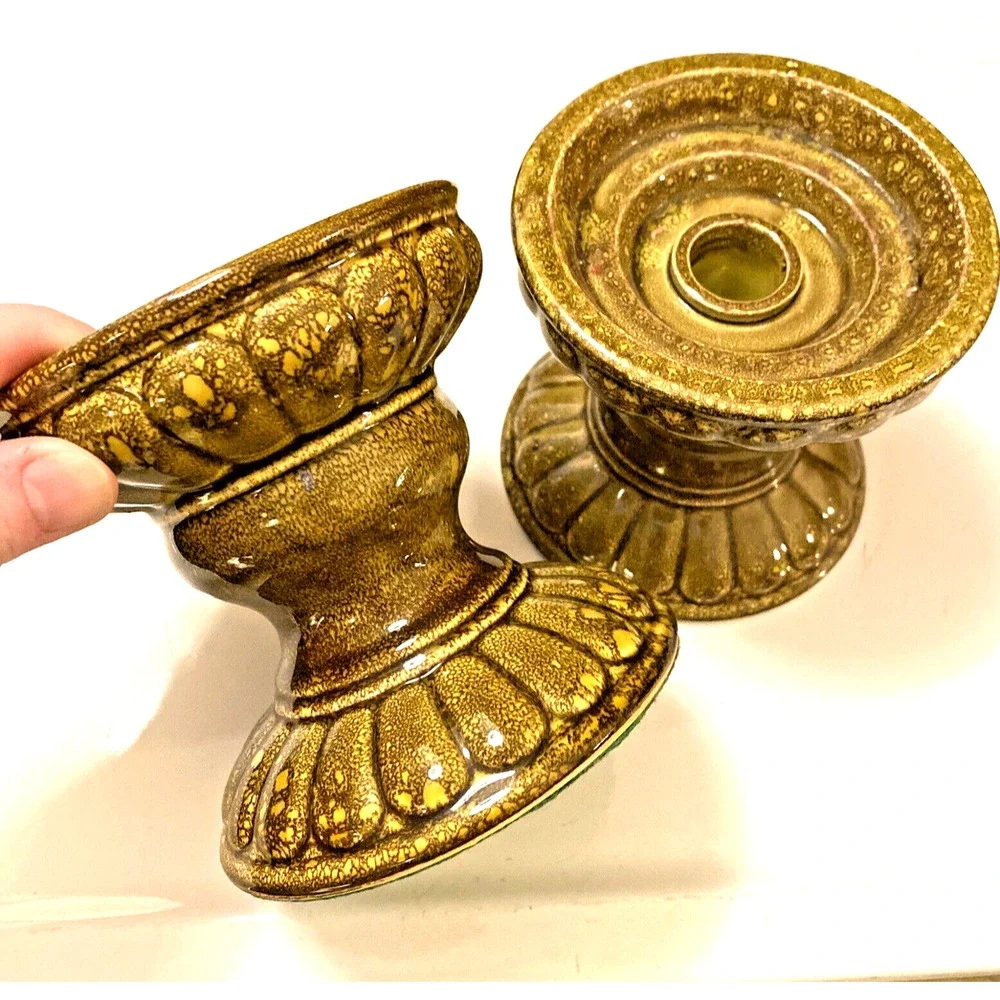 VTG Mid Century Candle Holder Pair Taper Pillar Pottery Ceramic Mottled Green